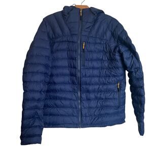 Hard Land Duck Down Puffer Jacket Hooded Full Zip Blue Lightweight Coat Size L